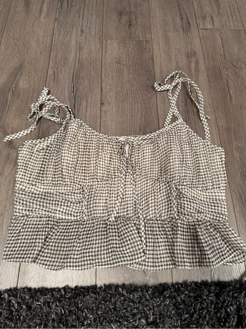 American Age Brown and White Gingham Tie-Shoulder Crop Camisole - Picture 1 of 3